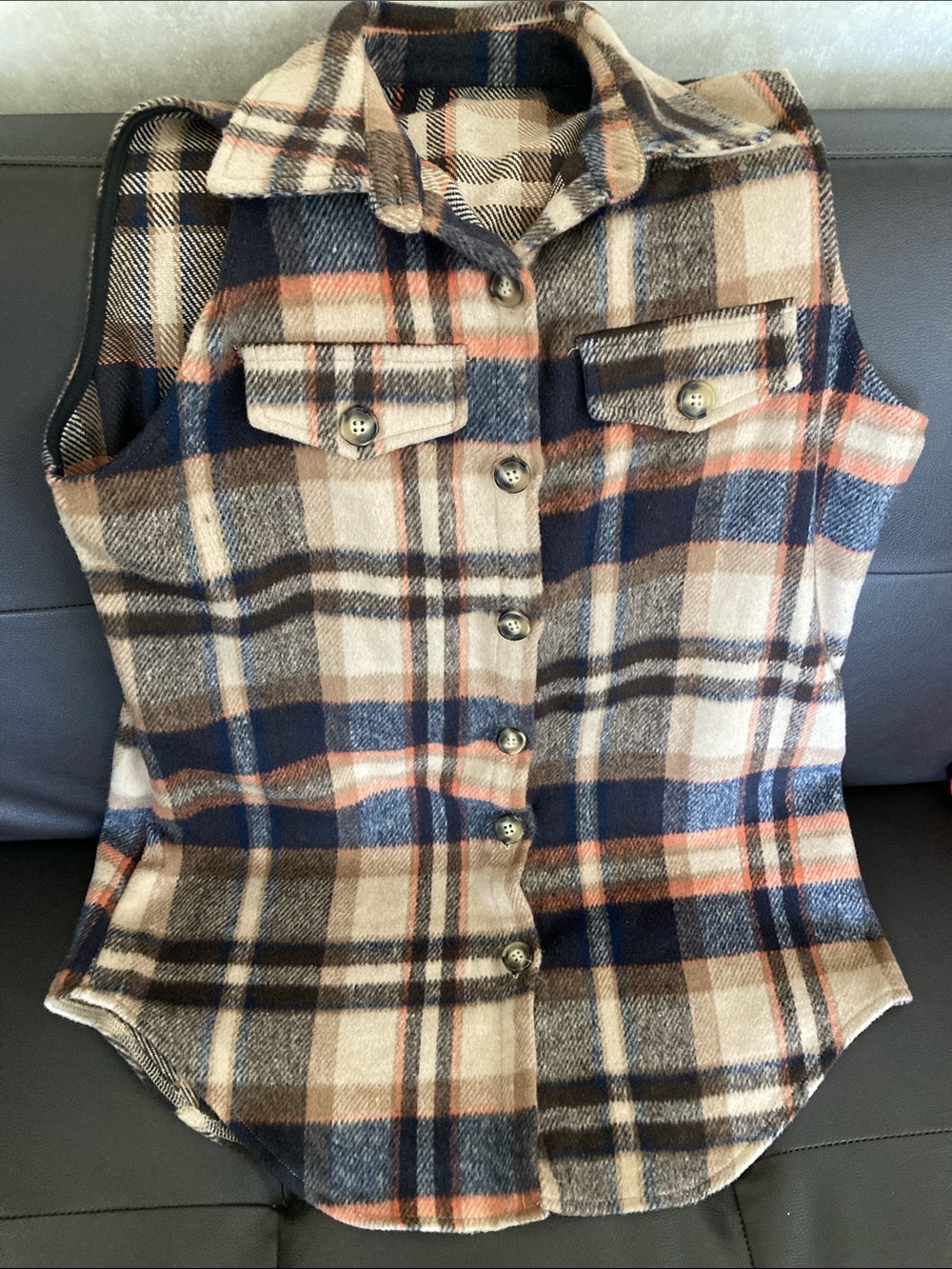SHEIN Navy, Tan & Cream Plaid Sleeveless Button-Front Vest with Collar